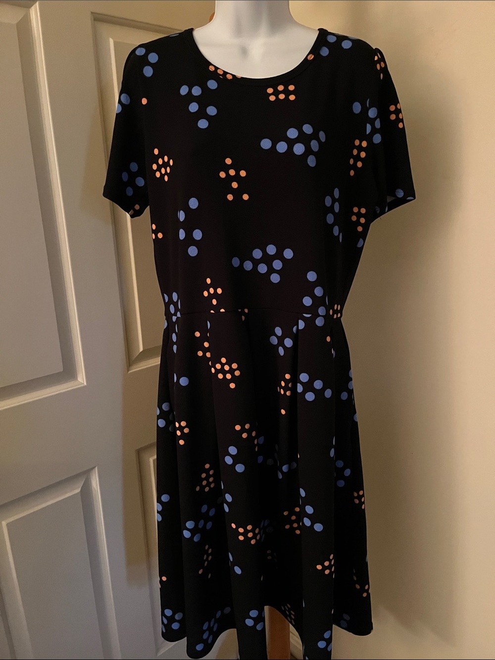 LuLaRoe Black Dress with Blue and Peach Dot Print